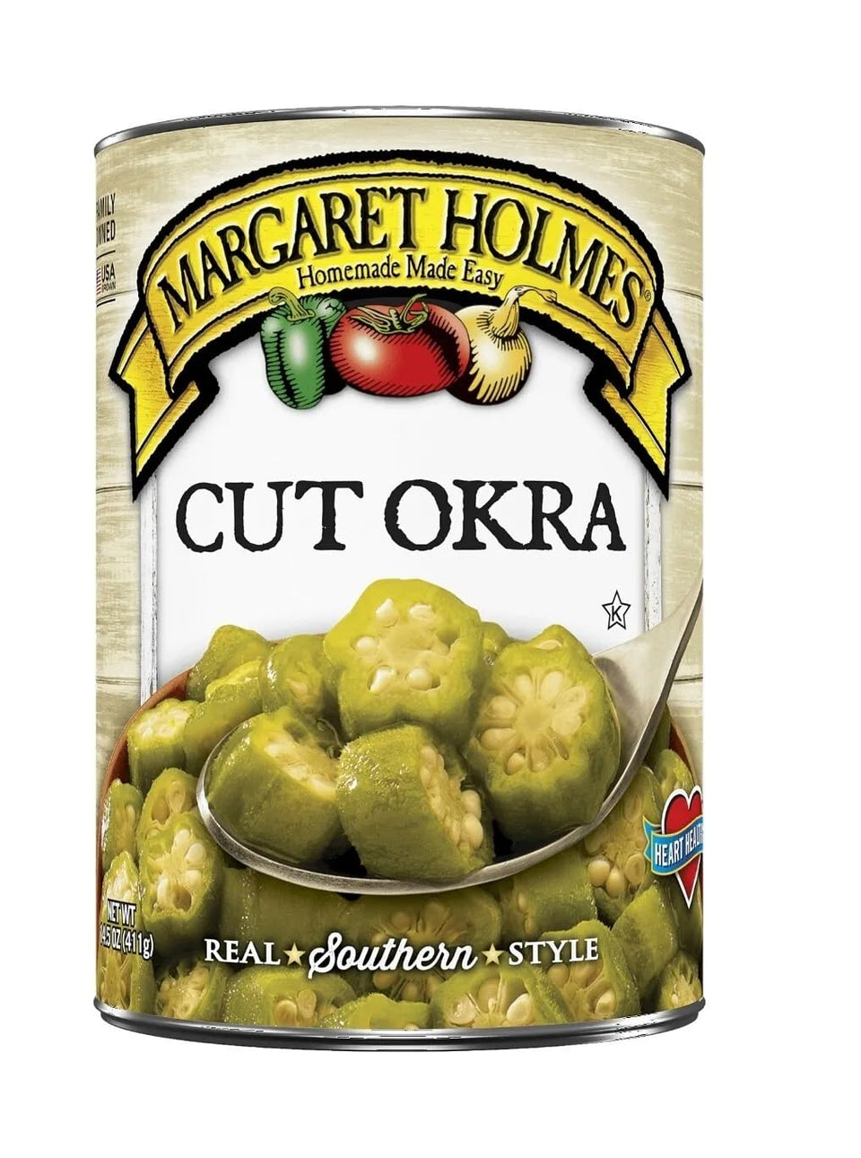 Margaret Holmes Cut Okra pack of three cans, ready-to-use for soups and stews.