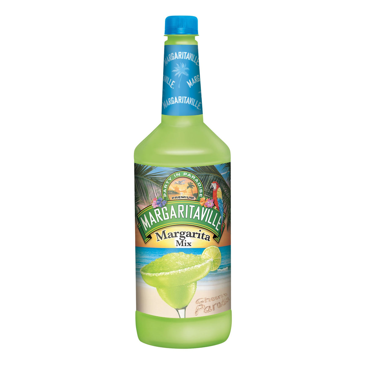 Margaritaville Mixer Margarita bottle pour showing authentic lime flavor for cocktails.