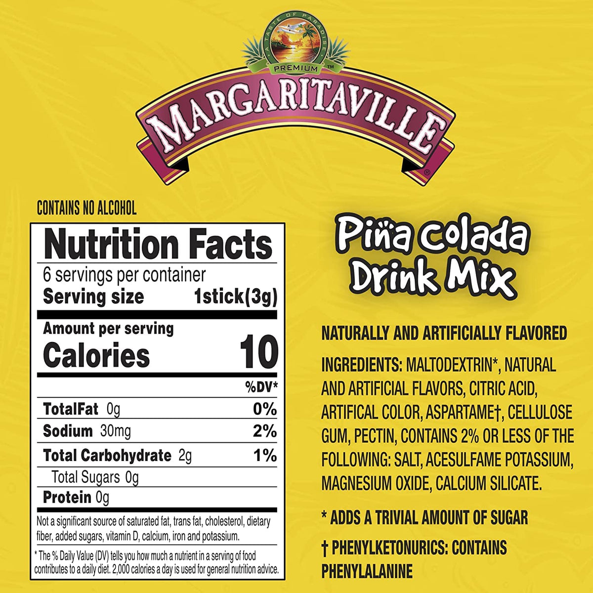 Margaritaville Singles To Go label detail emphasizes sugar-free, caffeine-free