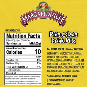 Margaritaville Singles To Go label detail emphasizes sugar-free, caffeine-free