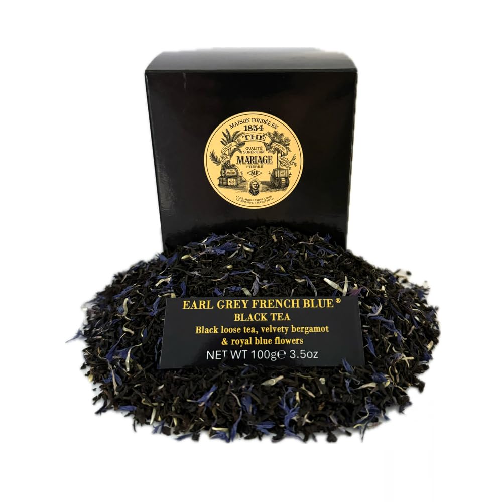 Mariage Frères Earl Grey French Blue tea canister on display, signaling premium packaging for gifting and display