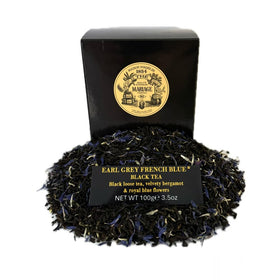 Mariage Frères Earl Grey French Blue tea canister on display, signaling premium packaging for gifting and display
