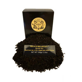 Mariage Frères French Breakfast box and black canister preserve freshness.