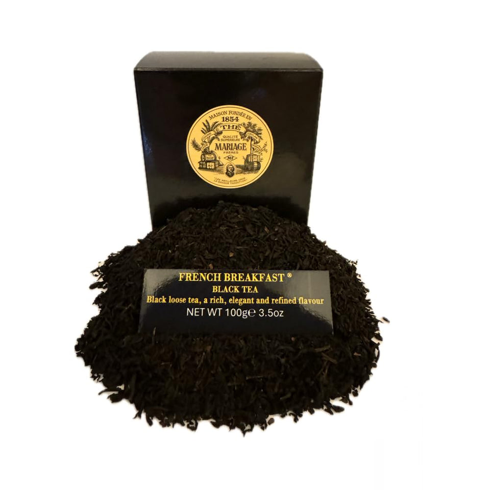 Mariage Frères French Breakfast box and black canister preserve freshness.