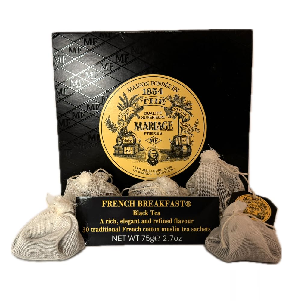 Mariage Frères French Breakfast Tea box with 30 muslin sachets for easy brewing.
