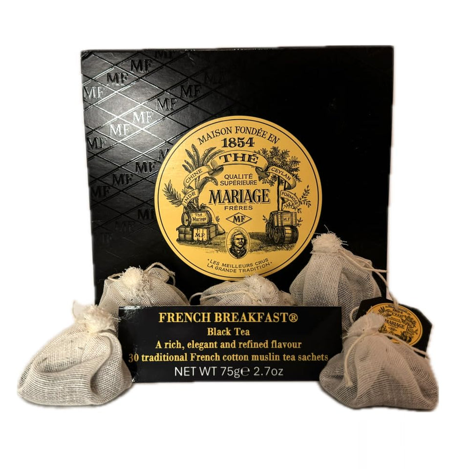 Mariage Frères French Breakfast Tea box with 30 muslin sachets for easy brewing.