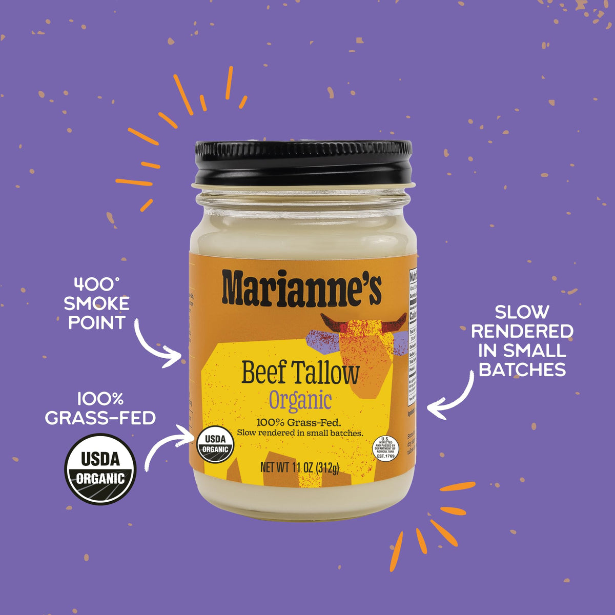 Marianne's Harvest beef tallow jar closeup showing organic purity and grass-fed sourcing.