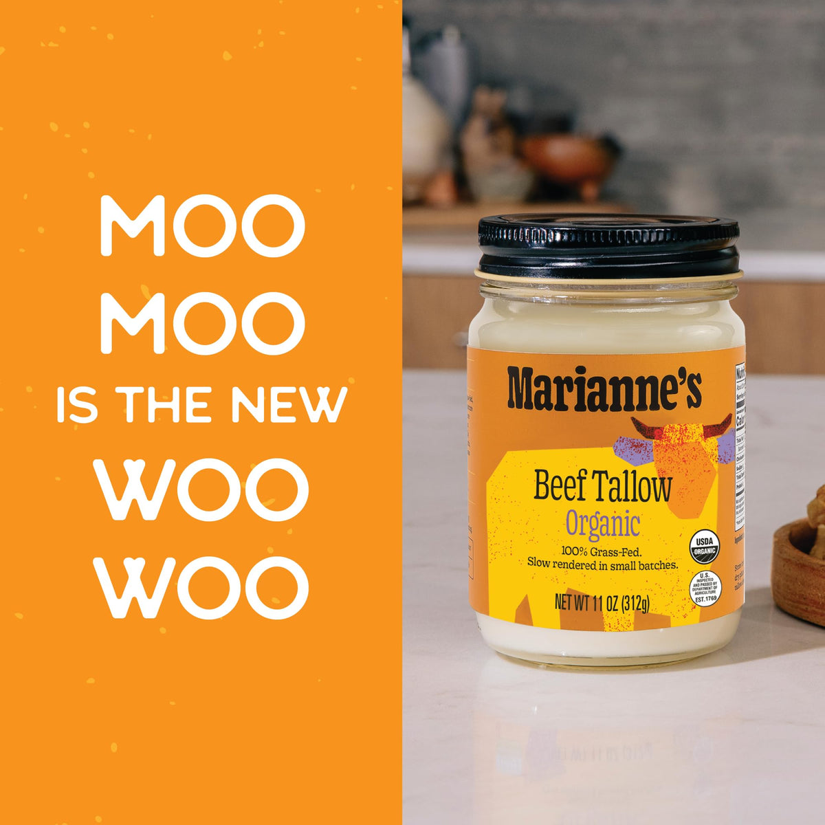Marianne's Harvest beef tallow searing steak to develop a savory crust.
