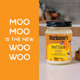 Marianne's Harvest beef tallow searing steak to develop a savory crust.