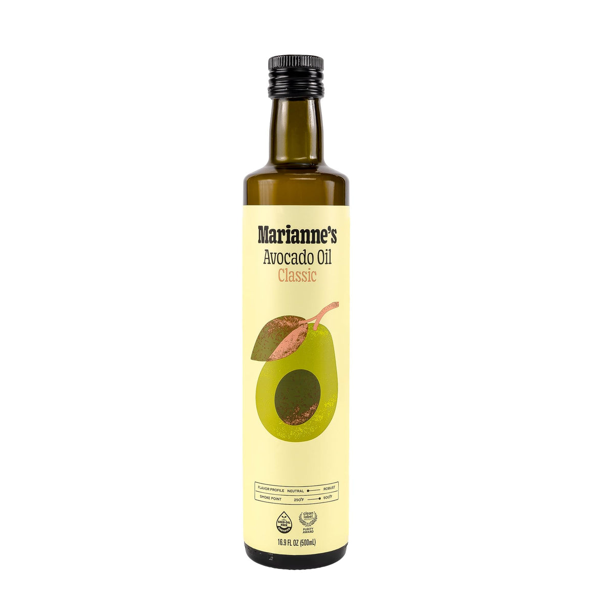 Marianne's Harvest avocado oil bottle close-up highlighting pure oil for high-heat cooking