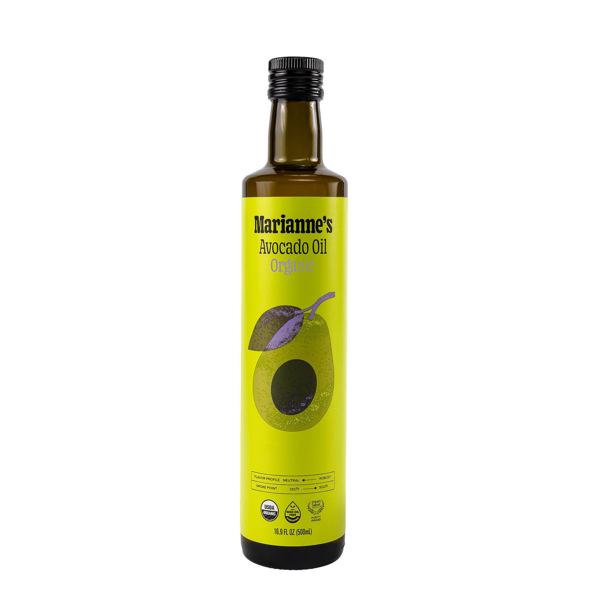 Marianne's Harvest avocado oil bottle front for clean, everyday cooking.