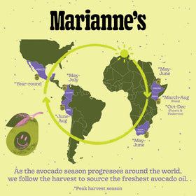 Marianne's Harvest avocado oil bottle in kitchen setting for versatile cooking