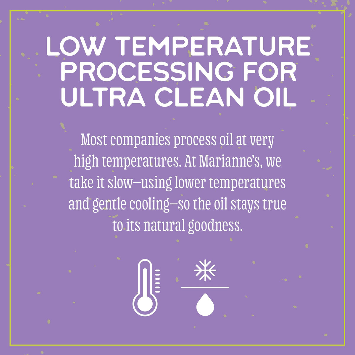 Marianne's Harvest avocado oil high-heat icon highlights up to 500°F.