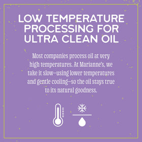 Marianne's Harvest avocado oil high-heat icon highlights up to 500°F.
