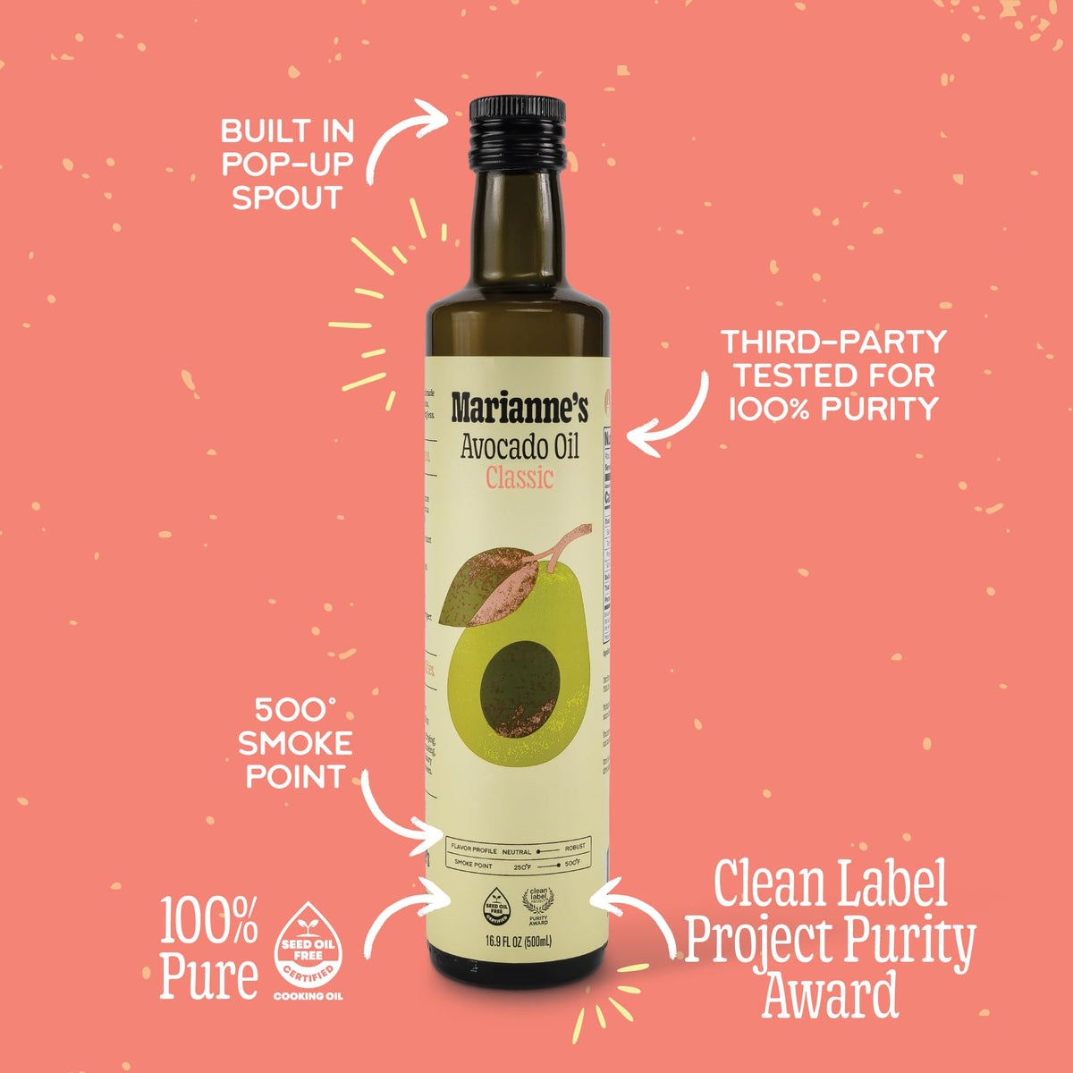 Marianne's Harvest avocado oil pour-spout demonstrates easy, controlled pouring for everyday meals