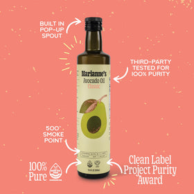Marianne's Harvest avocado oil pour-spout demonstrates easy, controlled pouring for everyday meals