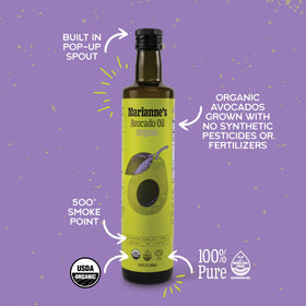 Marianne's Harvest avocado oil pour spout demonstrates controlled, easy dispensing for high-heat meals.