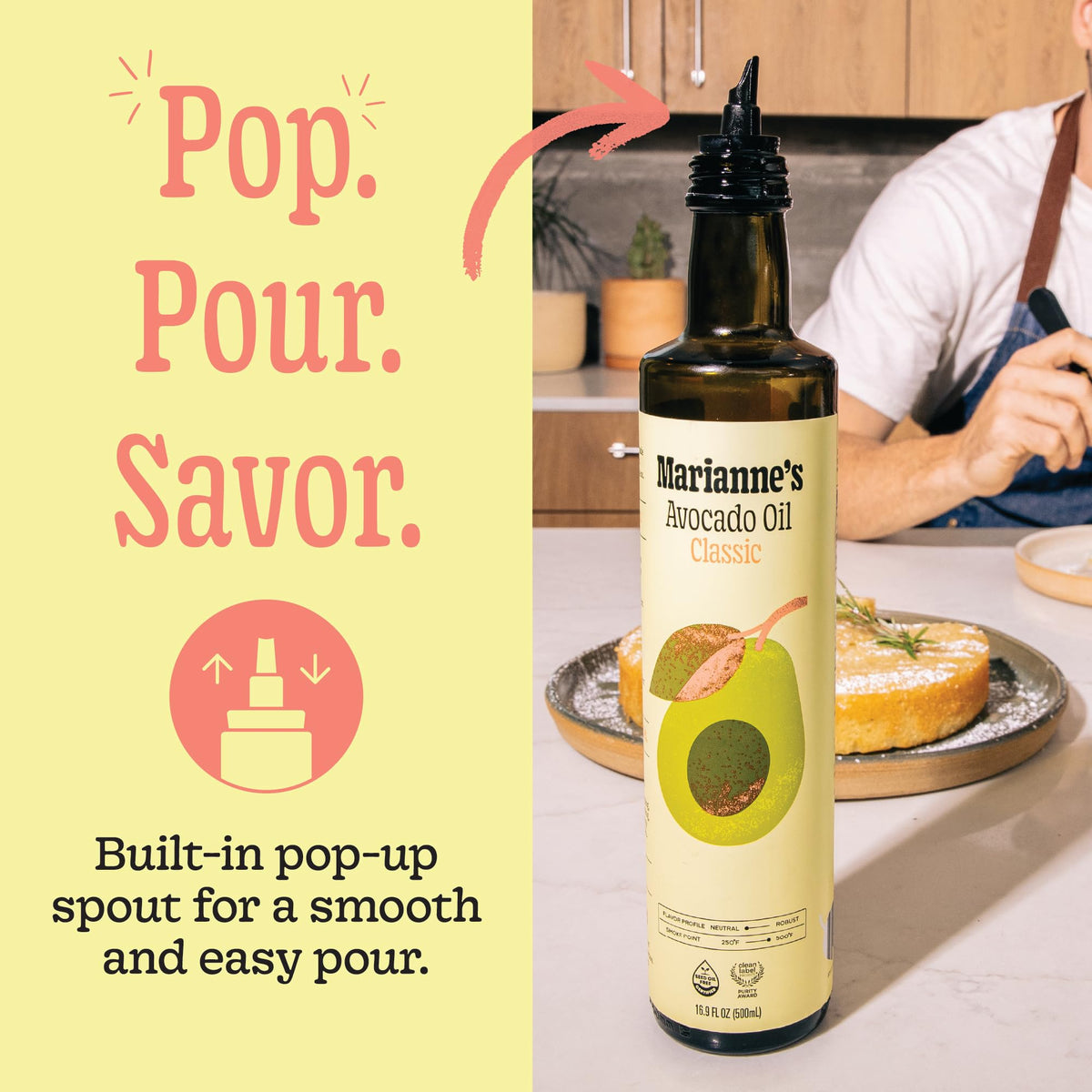 Marianne's Harvest avocado oil with Clean Label Project purity badge emphasizing purity