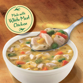 Marie Callender Chicken Variety Soup 8-pack close-up of ingredients and labels for appealing nutrition info.