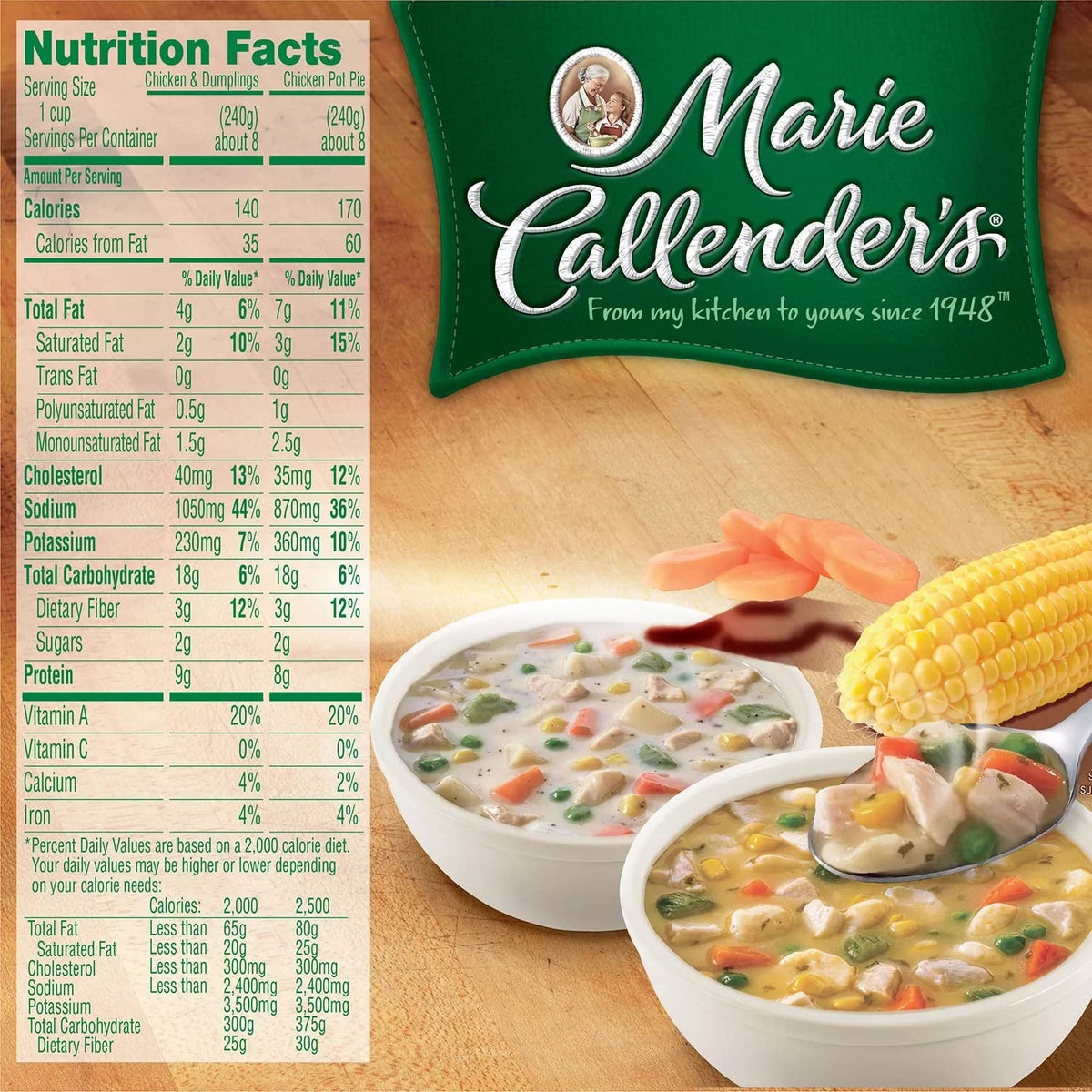 Marie Callender Chicken Variety Soup 8-pack product label close-up and branding.