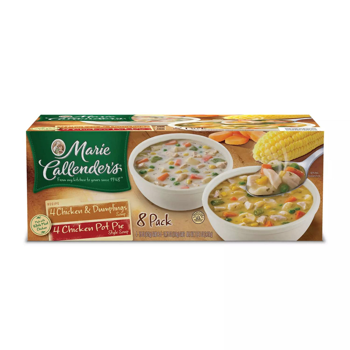 Marie Callender Chicken Variety Soup 8-pack packaging showing the product label for quick weeknight meals.