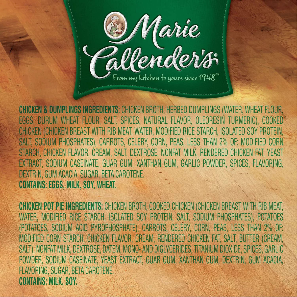 Marie Callender Chicken Variety Soup 8-pack ready-to-heat cans on pantry shelf.