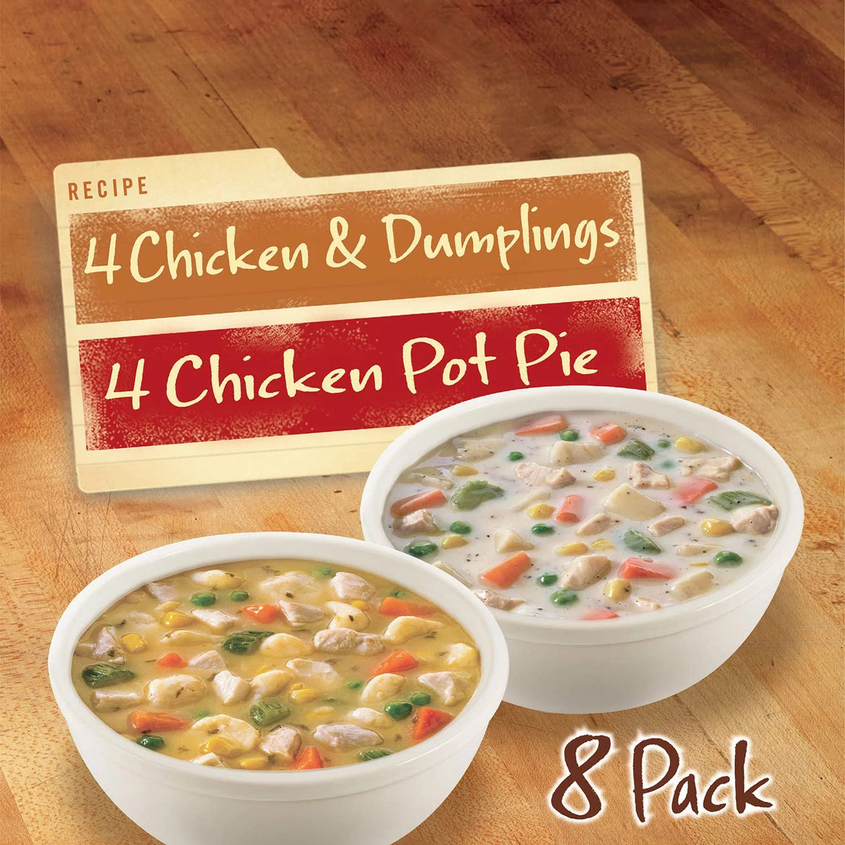 Marie Callender Chicken Variety Soup 8-pack bowls ready-to-serve on kitchen table.