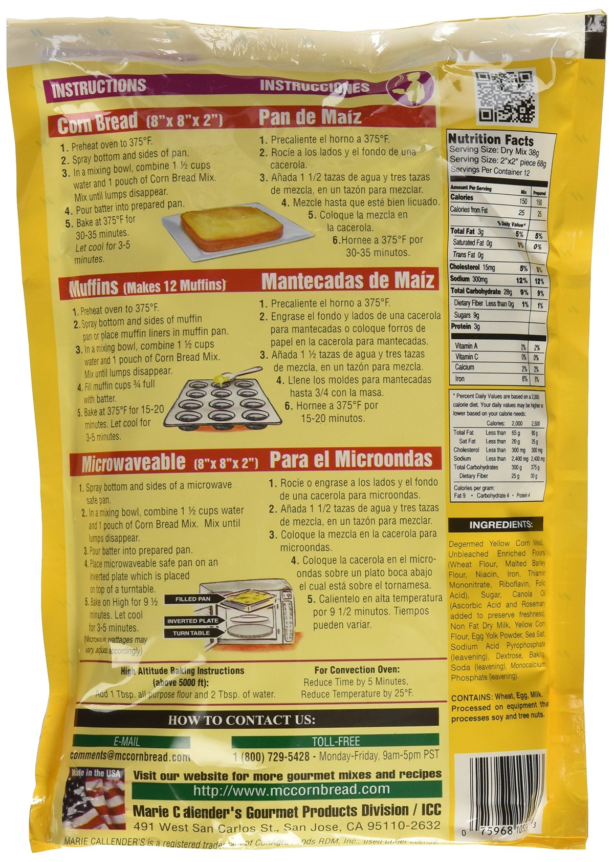 Marie Callender's corn bread mix ready for quick microwavable baking.