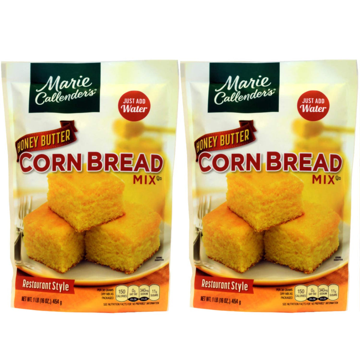 Marie Callender's Honey Butter Cornbread Mix package front highlights quick, family-friendly baking.