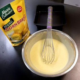 Marie Callender's batter in muffin tins, fresh aroma fills kitchen, kid-friendly.
