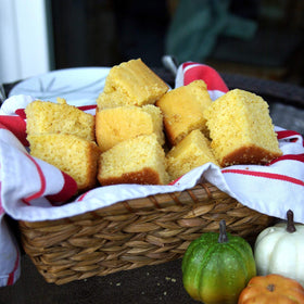 Marie Callender's warm skillet cornbread served with butter.
