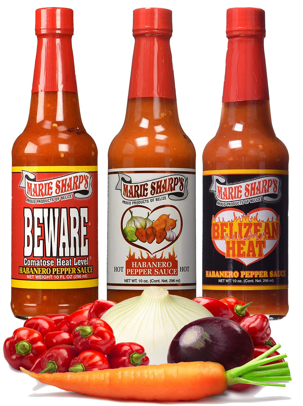 Marie Sharp's Belizean Heat pepper sauce bottle adds bold flavor to seafood.