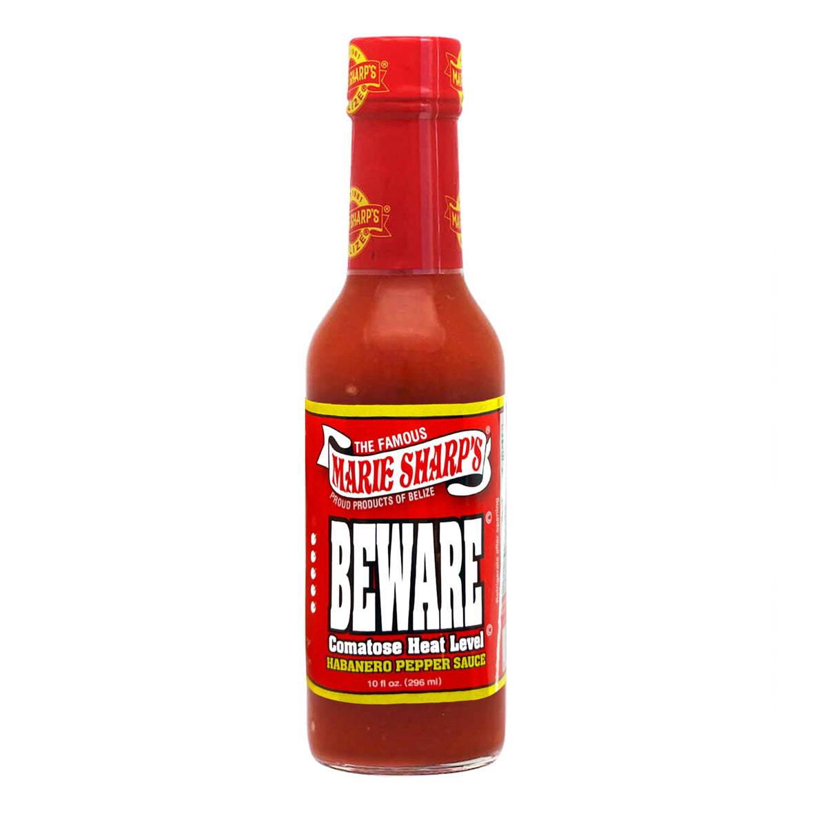 Pour shot of Marie Sharp's Beware Comatose hot sauce to show fiery consistency