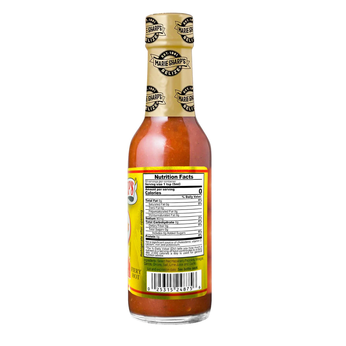 Marie Sharp's Fiery Hot Habanero sauce label closeup highlighting natural ingredients.