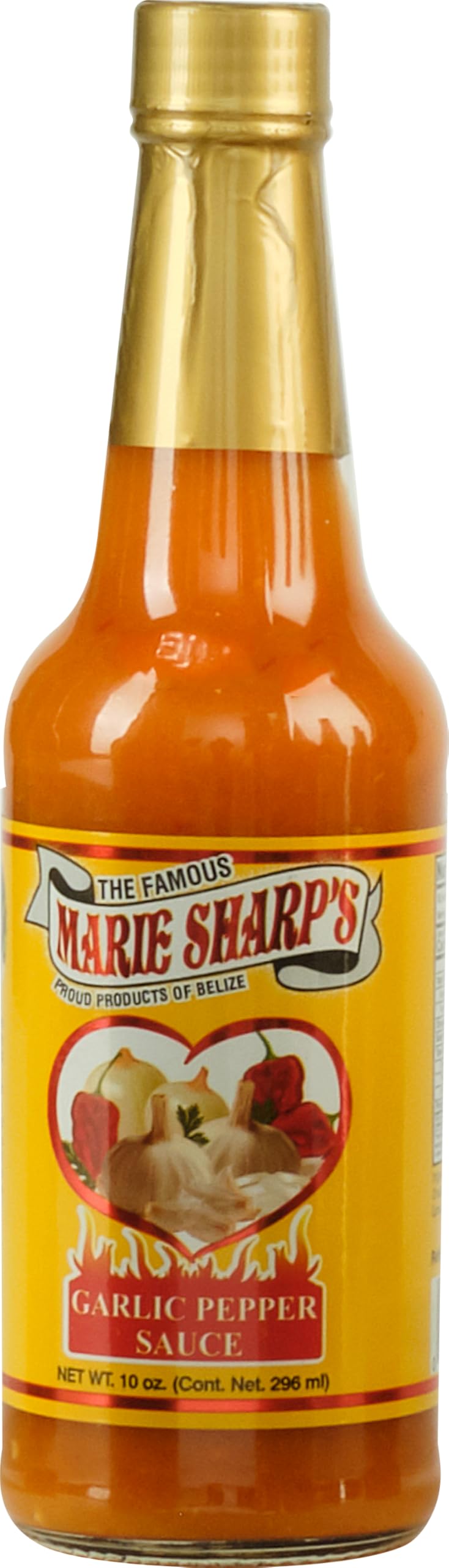 Marie Sharp's Garlic Pepper Sauce bottle on kitchen counter adding bold heat to meals.