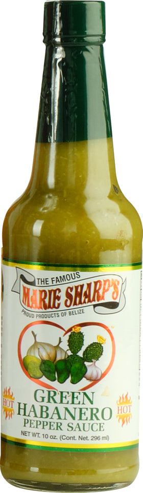 Marie Sharp's Green Habanero hot sauce bottle being poured for bright heat