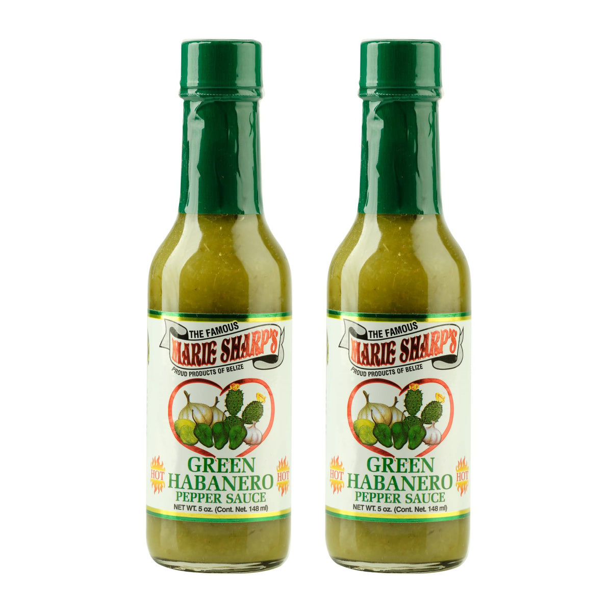 Marie Sharp's Green Habanero Sauce bottle showing mild–medium heat for vegetables.