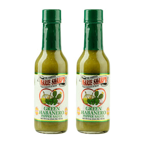 Marie Sharp's Green Habanero Sauce bottle showing mild–medium heat for vegetables.
