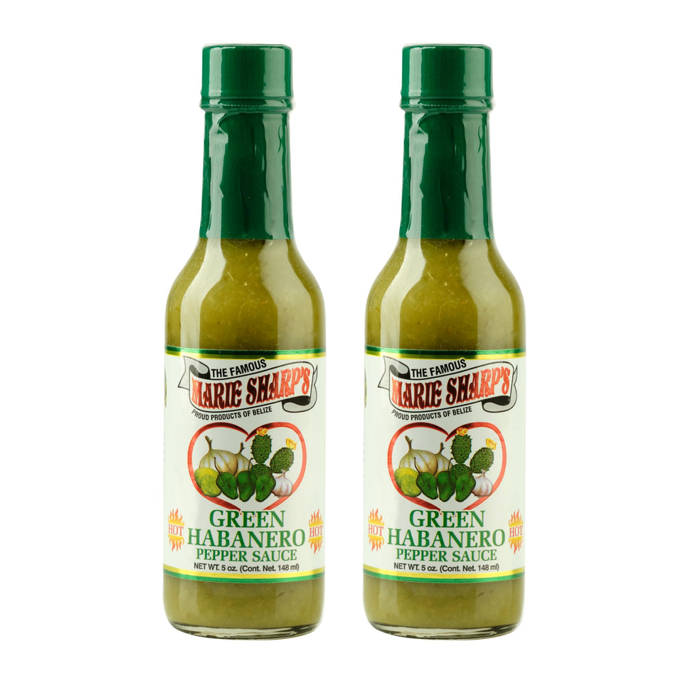 Marie Sharp's Green Habanero Sauce bottle showing mild–medium heat for vegetables.