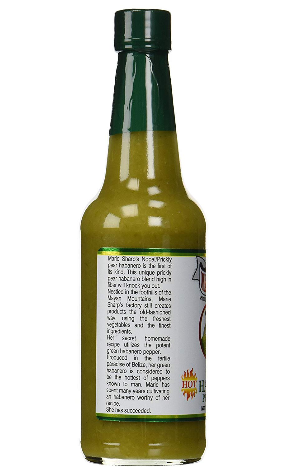 Marie Sharp's Green Nopal Prickly Pear bottle closeup, emphasizing high-fiber and low-sodium profile.