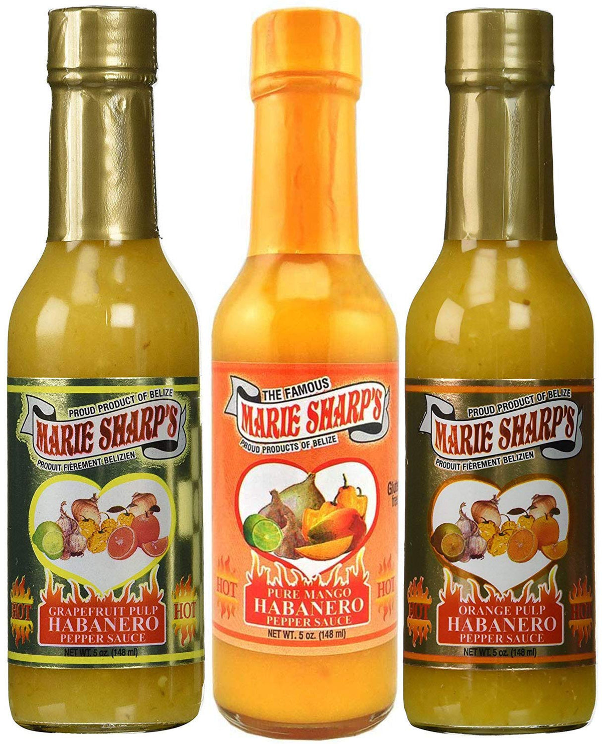 Marie Sharp's Hot Fruity Threesome pack with Grapefruit, Mango, and Orange Habanero sauces for vibrant meals
