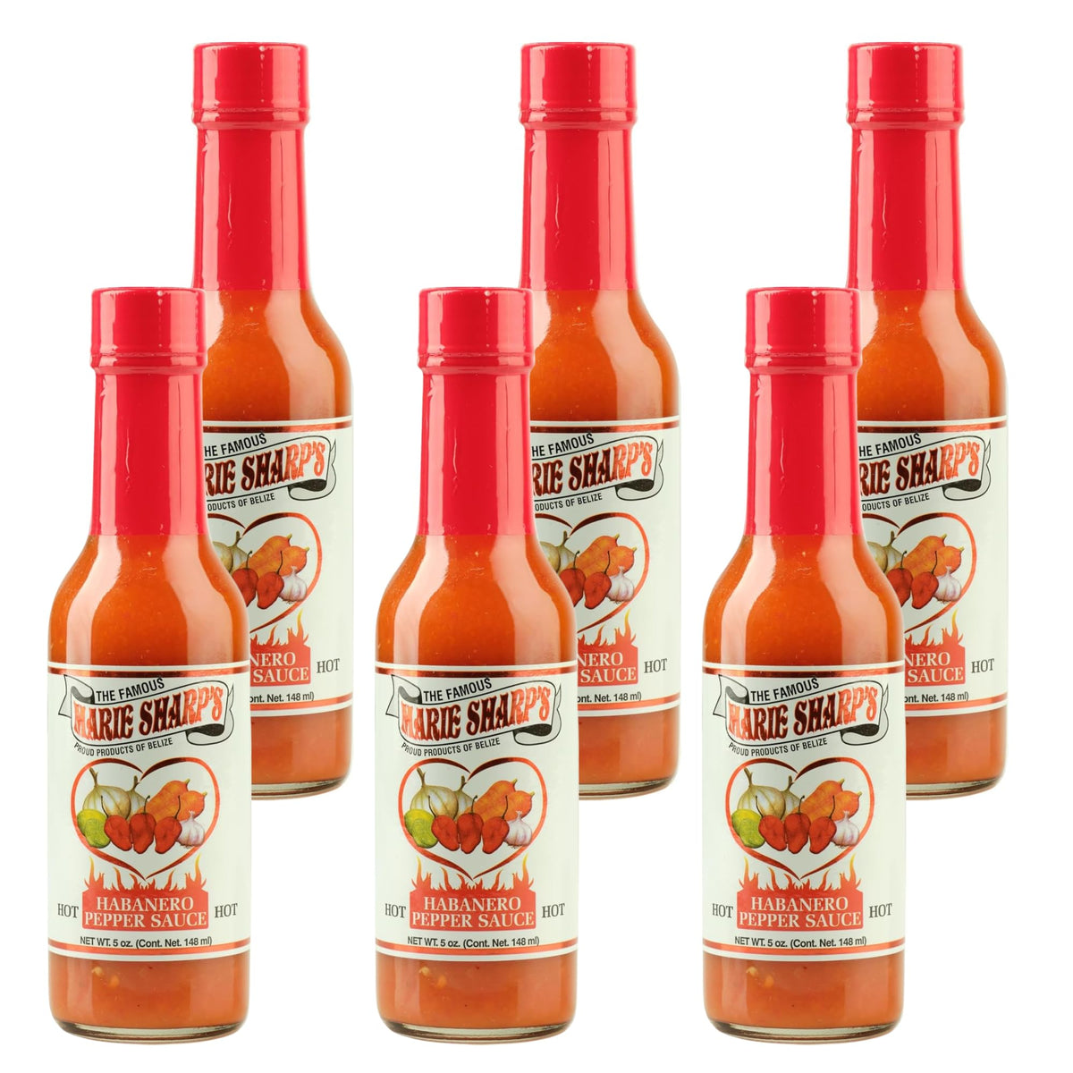 Marie Sharp's Hot Habanero bottle front shows Belizean flavor, ideal for eggs and tacos