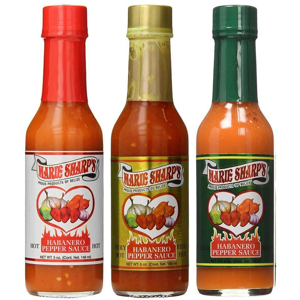 Marie Sharp's hot sauce trio bottle set adds bold Caribbean heat to eggs, tacos, and grilled vegetables.