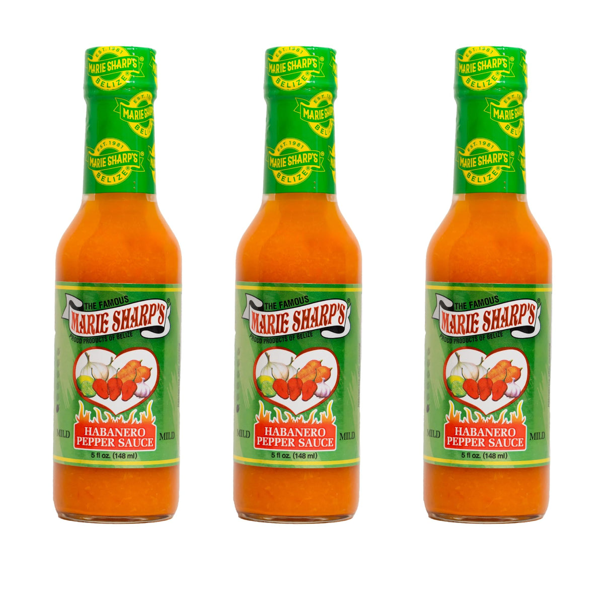 Marie Sharp's Mild Habanero Sauce bottle pouring for balanced flavor.
