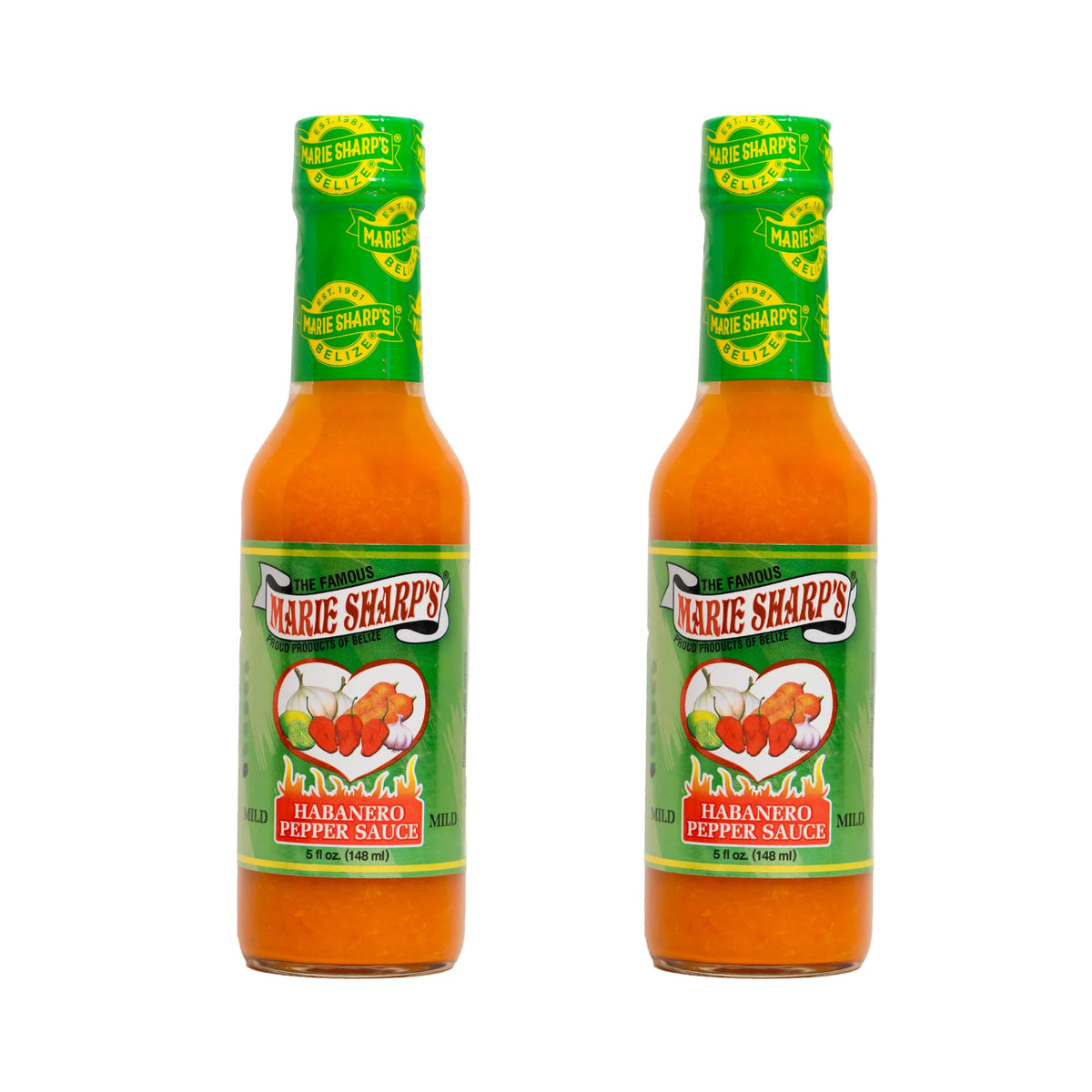 Marie Sharp's Mild Habanero Sauce bottle front view for two-pack highlighting Belizean flavor