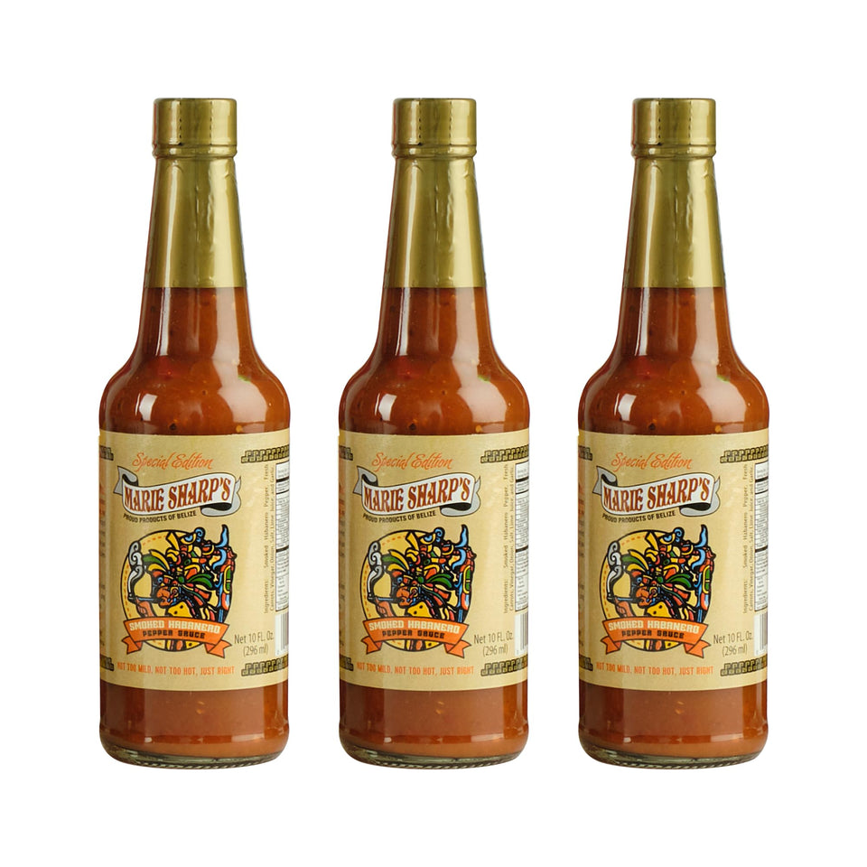 Marie Sharp's smoked habanero sauce bottle enhances grilled meats with bold smoky heat