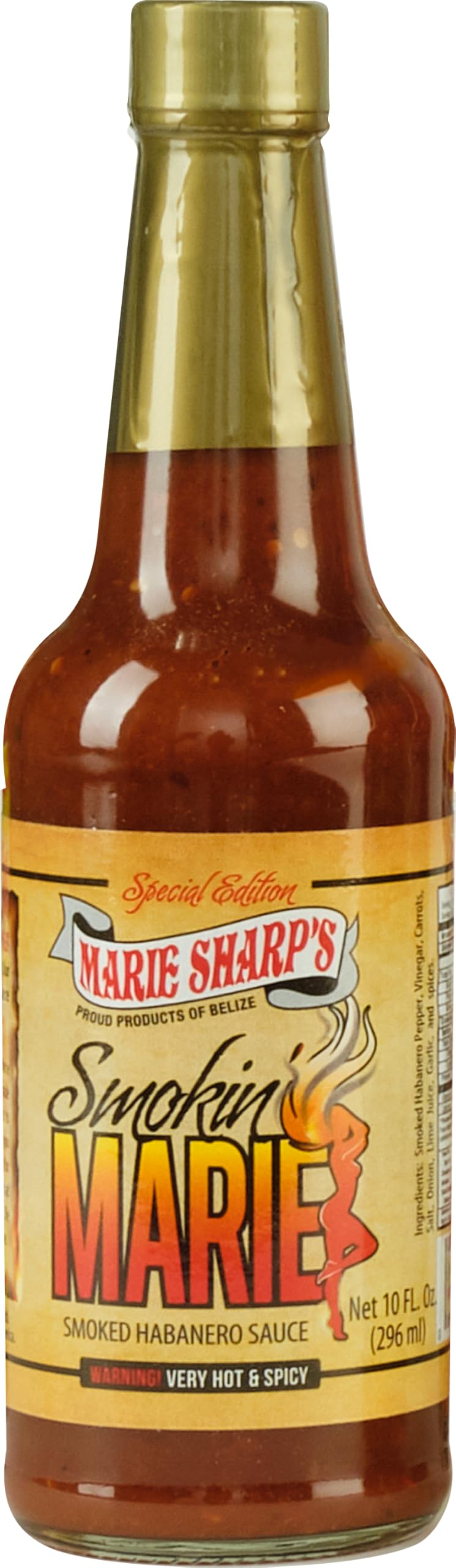 Marie Sharp’s Smokin’ Marie bottle front view, highlighting smoky habanero heat for grills.