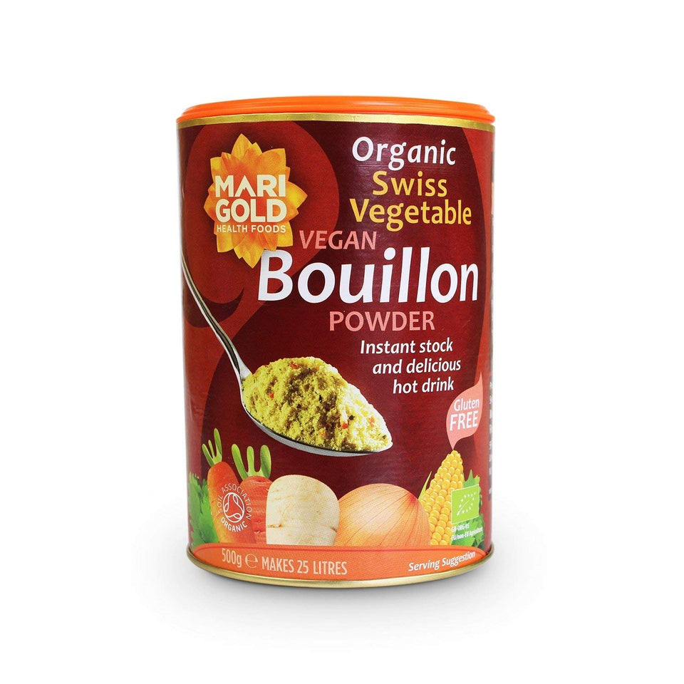 Marigold Organic Swiss Vegetable Bouillon Powder enhances soups and stews with rich vegan flavor.