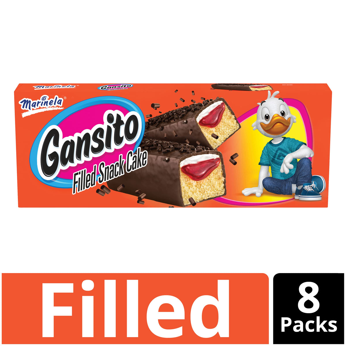 Marinela Gansito strawberry crème filling visible inside a bite-sized cake
