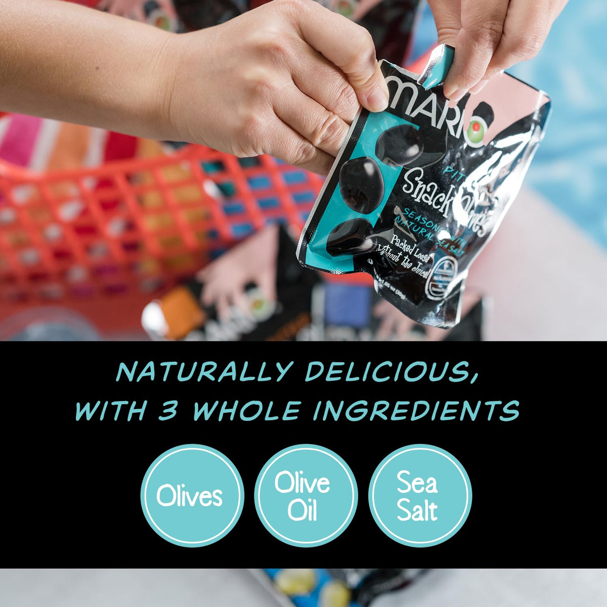 Mario Camacho brineless olives in no-juice pouch for mess-free snacking